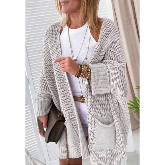 Sweaters - Grey Oversized Fold Over Sleeve Chunky Sweater Cardigan